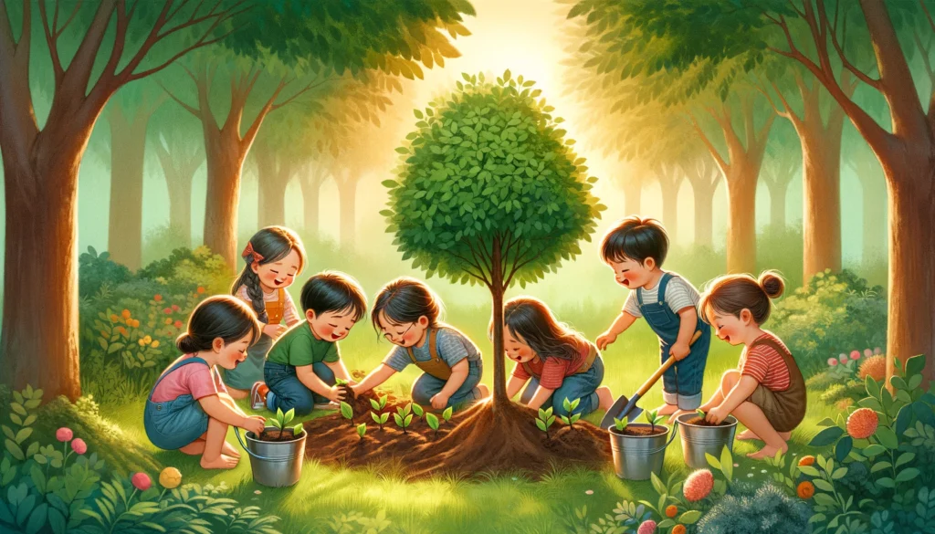 Illustration of Children Building Bonds by planting a tree.