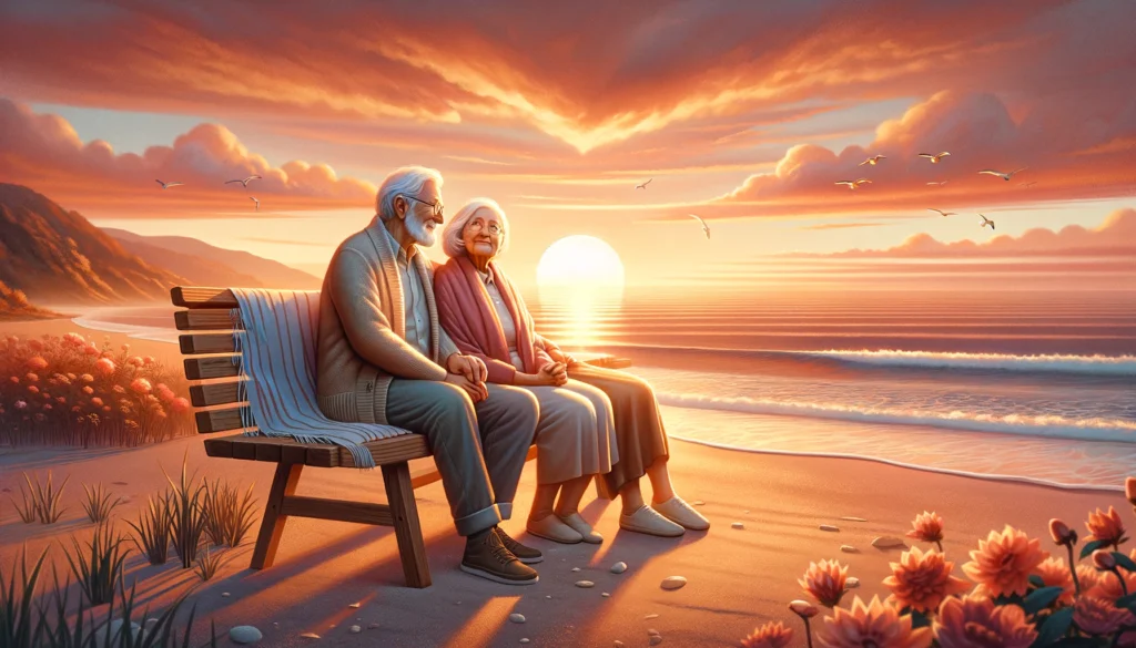 elderly couples sitting near the beach