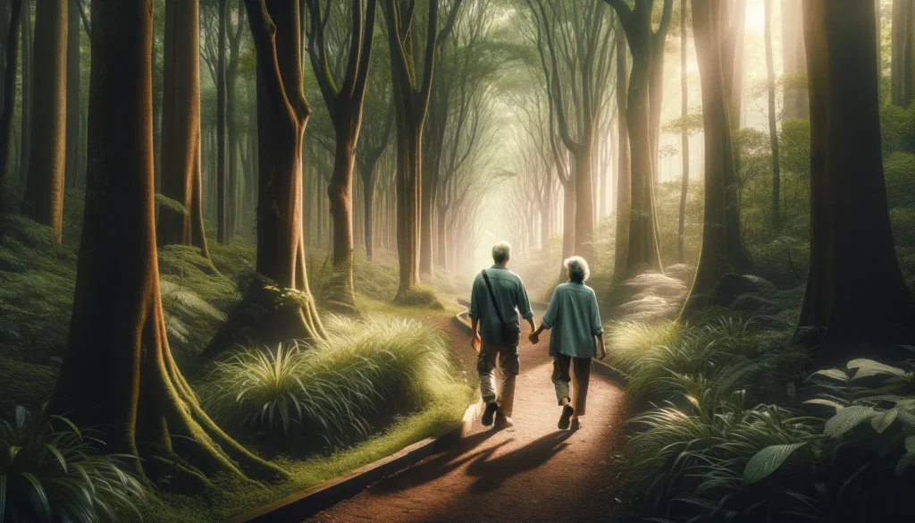 mid40s couple walking in nature